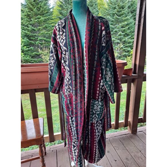 Honors Other - Vtg 90s Mens Thick Terrycloth Green Maroon Blue Striped Belted Robe One Size